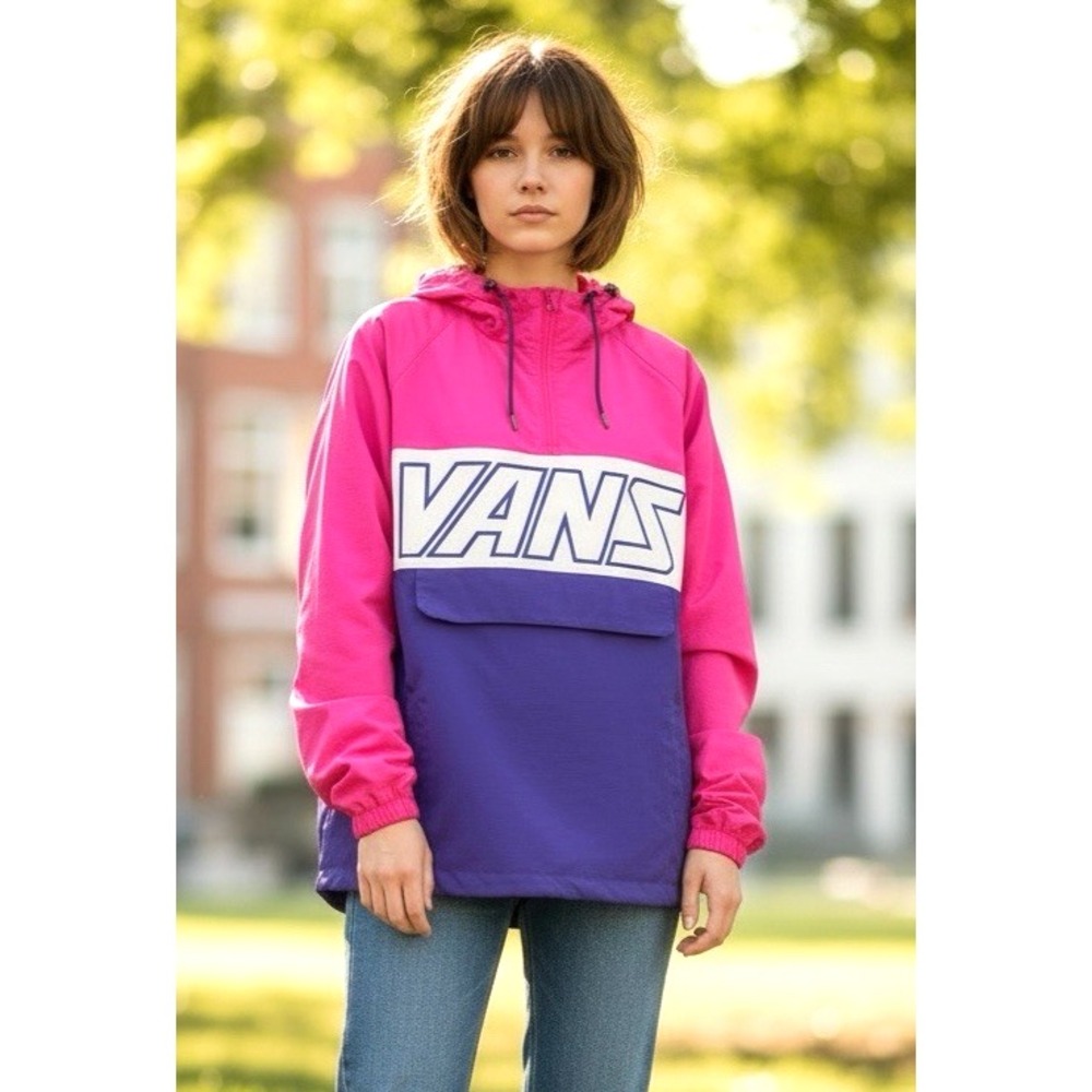 Vans Windbreaker Hooded Jacket Large Color Block Logo Pink Purple Nylon